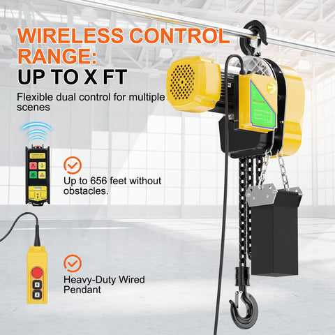 Heavy One Ton Electric Chain Hoist with wireless control and wired pendant for easy operation in lifting tasks.
