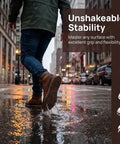 Person walking on wet street with brown boots, showcasing 2 Pack Heavy Duty Rubber Sole Replacement Patches For Work Boots And Casual Sneakers Straightforward Home Do It Yourself Swap No Specialty Gear Needed To Fix Up Worn Out Kicks.