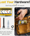 Universal TV Mount Hardware Kit with M8x65 Lag Bolts, washers, anchors, and bubble level in labeled box, carried in tool belt