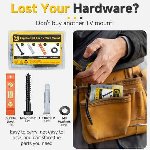 Universal TV Mount Hardware Kit with M8x65 Lag Bolts, washers, anchors, and bubble level in labeled box, carried in tool belt