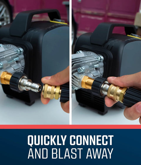 McKillans brass pressure washer quick-connect kit with M22-14mm to 3/8 adapter; brass fittings and black connector.