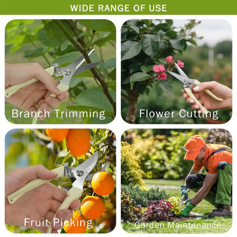 Two Piece Professional Pruning Shears Set With Bypass Pruner And Straight Blade Garden Scissors in use for trimming, cutting, picking, and maintenance