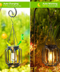 Outdoor Solar Lanterns Pack Of 4 Waterproof Metal Hanging Lights with Hooks in daytime charging and nighttime glow.