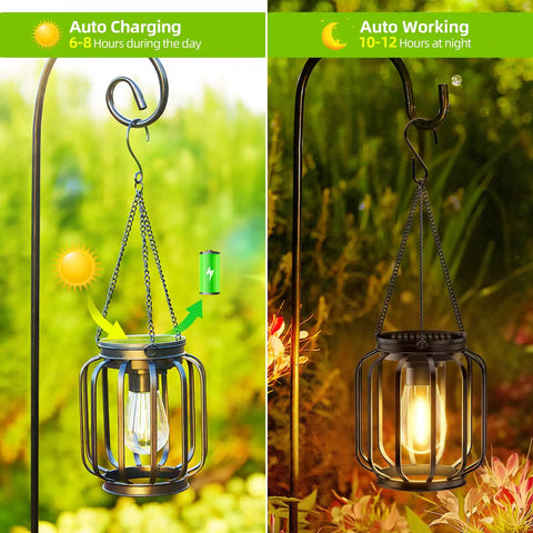 Outdoor Solar Lanterns Pack Of 4 Waterproof Metal Hanging Lights with Hooks in daytime charging and nighttime glow.