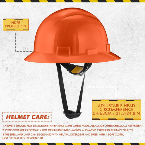 Orange HDPE full brim hard hat with 6-point suspension from 10 Pack Full Brim Hard Hats Orange Construction Helmet HDPE Safety Gear With 6 Point Adjustable Ratchet Suspension For Men And Women Durable Comfortable Worksite Ready Safety Gear For Work Sites