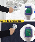 Thermal Insulated Door Curtain That Fights Drafts and Helps You Save On The Heating Bill, showing temperature control with infrared thermometer.
