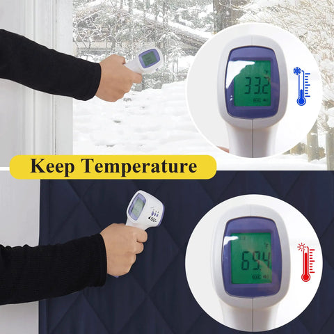 Thermal Insulated Door Curtain That Fights Drafts and Helps You Save On The Heating Bill, showing temperature control with infrared thermometer.