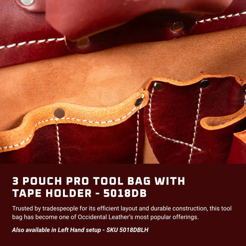 Cafe Color Pro Tool Bag With Tape Holder, 3 Pouch Design, 12 Pockets, shown close-up with stitching detail, Made in USA