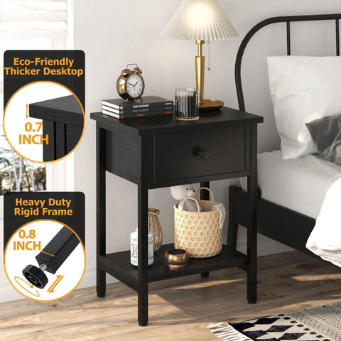 Totally Legit Nightstands Set Of 2 With Deep Drawers And Open Storage Shelf Made From Heavy Duty Wood And Powder Coated Alloy Steel Legs Rock Solid Side Tables For Bedroom Or Living Room Smooth Snap Together Assembly Glossy Black with eco-friendly thicker desktop.