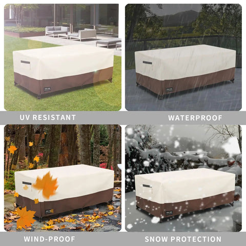 Outdoor Patio Coffee Table Cover 600D Waterproof Rugged Heavy Duty Table Cover For Beige And Brown 48 X 28 X 16 Inches Weatherproof Shield For Patio Furniture shown in different weather conditions.