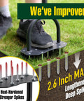 Person using 36 Inch Spike Lawn Aerator Tool With Longer Spikes on grass, highlighting heat-hardened spikes and foot plate feature.