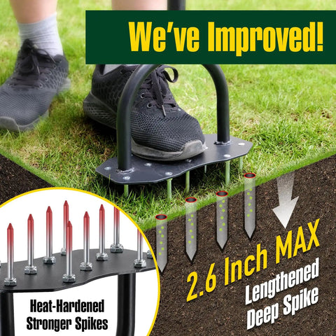 Person using 36 Inch Spike Lawn Aerator Tool With Longer Spikes on grass, highlighting heat-hardened spikes and foot plate feature.