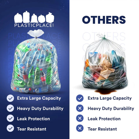 Heavy Duty 95 To 96 Gallon Clear Trash Bag Liners 1.5 Mil Thick Jumbo Rollaway Bin Sacks Tough For Heavy Yard Debris And Commercial Waste 25 Count Pack, showcasing clear sack filled with bottles.