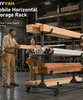 Heavy Duty Mobile Conduit And Lumber Storage Rack Rock Solid Build With Six Swivel Caster Wheels Smooth Sailing Alloy Steel Pipe Organizer For Daily Grind showing workers organizing lumber and pipes.
