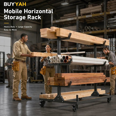 Heavy Duty Mobile Conduit And Lumber Storage Rack Rock Solid Build With Six Swivel Caster Wheels Smooth Sailing Alloy Steel Pipe Organizer For Daily Grind showing workers organizing lumber and pipes.