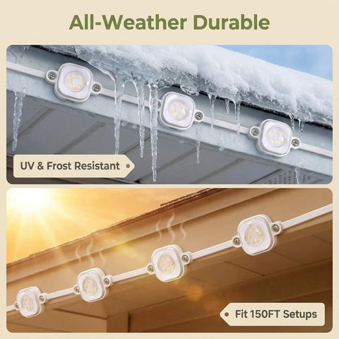 90 Pack Light Clips For Pro Outdoor Lights H706 H806 showing mounted brackets under snow and sun conditions for all-weather use
