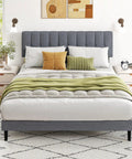 Full Size Platform Bed Frame With Adjustable Headboard Heavy Duty Wooden Slatted Support Fits 6 To 14 Inch Mattresses in a stylish bedroom.