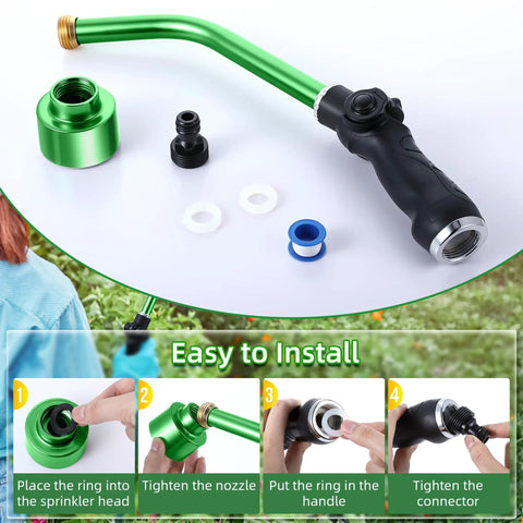 16 Inch Watering Wand With 1000 Holes And Thumb On Off Control Detachable Seedling Head, parts and installation steps shown.