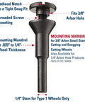 Weiler mounting mandrel for 3/8 arbor small-diameter cutting wheels, 1/4 stem for Type 1 wheels