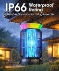 4-In-1 Solar Bug Zapper Outdoor with IP66 rating, glowing in rain on a patio, showcasing its waterproof ABS design.