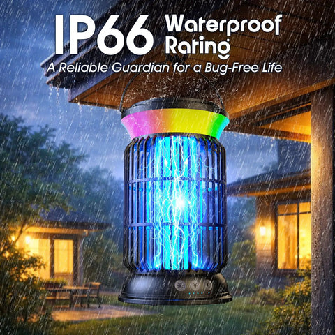 4-In-1 Solar Bug Zapper Outdoor with IP66 rating, glowing in rain on a patio, showcasing its waterproof ABS design.