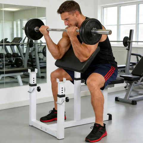 Man using adjustable preacher curl bench with barbell rack for home gym, seated strength training station, steel construction