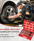 14 Piece Wheel Hanger Alignment Pin Guide Tool Master Set Stainless Steel Wheel Stud Pilot Pins in use for tire change