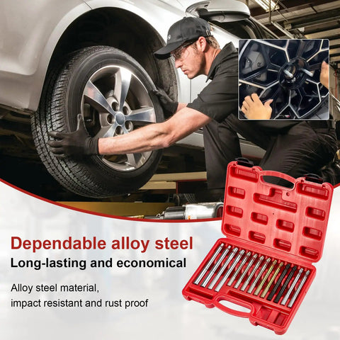 14 Piece Wheel Hanger Alignment Pin Guide Tool Master Set Stainless Steel Wheel Stud Pilot Pins in use for tire change