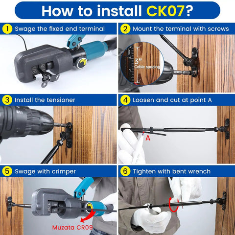 Step-by-step installation of One Eighth Inch Black Cable Railing Hardware Kit With Swage Toggle Turnbuckle For Wood Posts In T316 Stainless Steel Deck Cable Railing System, Multi Angle 0 To 180 Degrees Adjustable For Stairs, 20 Pairs, 40 Pack CK07.