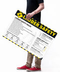 Person holding OSHA Ladder Safety Poster with 3 points of contact and 4 to 1 ladder angle guide, 18x24 waterproof, tear-resistant.