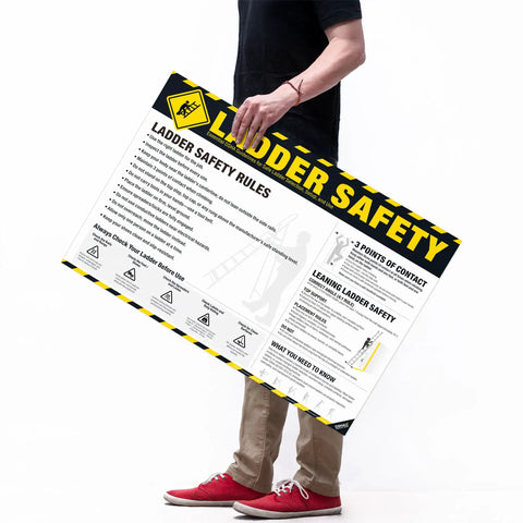 Person holding OSHA Ladder Safety Poster with 3 points of contact and 4 to 1 ladder angle guide, 18x24 waterproof, tear-resistant.