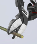Comfort Grip Angled High-Leverage Cobalt Cut Diagonal Cut Pliers cutting metal rod, 20-degree head, spring-loaded handles visible