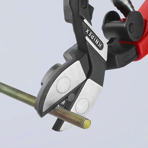 Comfort Grip Angled High-Leverage Cobalt Cut Diagonal Cut Pliers cutting metal rod, 20-degree head, spring-loaded handles visible