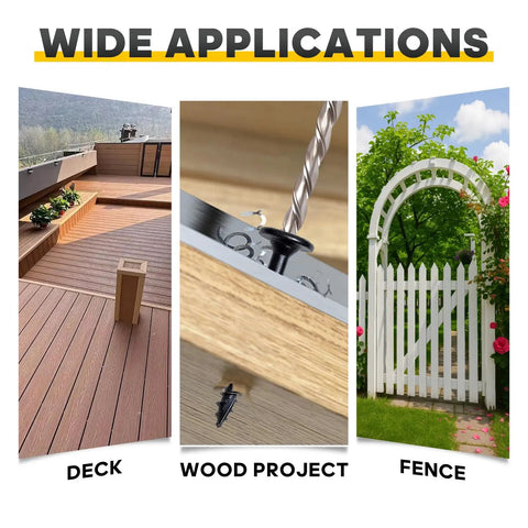 Deck, wood project, and fence applications using Badass Black Lag Screws Size 14 X 4 1/2 Inch Star Drive for strong builds.