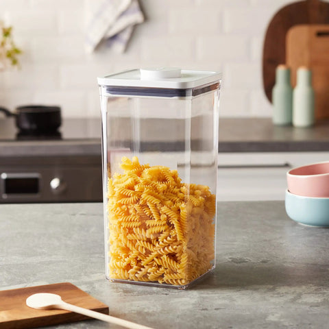 Good Grips POP Airtight Food Storage Container, Big Square Tall 6 Qt filled with pasta on kitchen counter