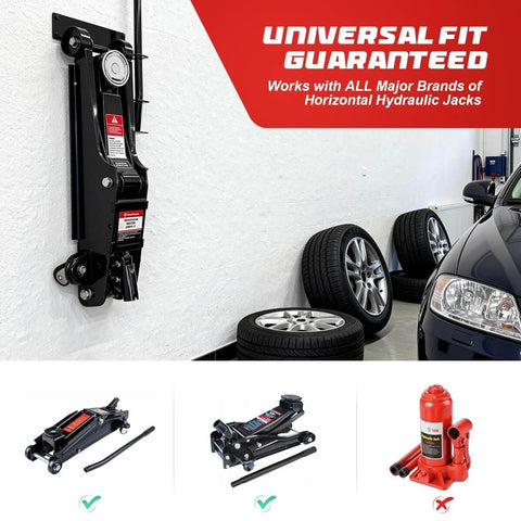 Wall Mount Jack Stand Organizer Rack For Heavy Duty Hydraulic Trolley Jacks Garage Wall Mounted Tool Holder Brackets For Racing Cars Trailers Trucks And Maintenance Space Saving Storage Solution installed in a garage next to wheels and a car.