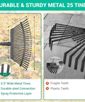 Adjustable Garden Rake With 36 To 73 Inch Extendable Handle 18 Inch Wide Head 25 Metal Tines close-up on paved surface.