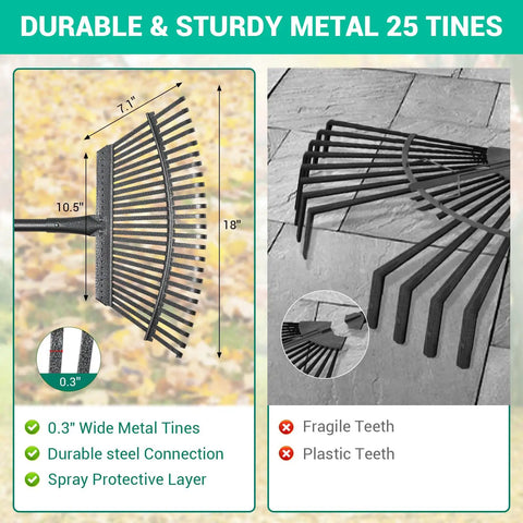 Adjustable Garden Rake With 36 To 73 Inch Extendable Handle 18 Inch Wide Head 25 Metal Tines close-up on paved surface.