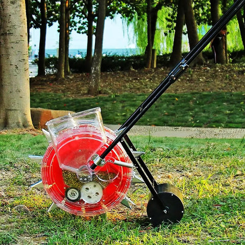 Corn And Soybean Seeder Hand Push Roller Seeder No Fuss Seeding And Fertilizer Applicator with clear seed storage box outdoors
