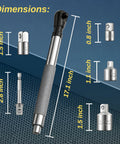 Right Angle Offset Extension Wrench Set For Tight Spots With Socket Adapters For Drills And Impact Wrenches dimensions shown
