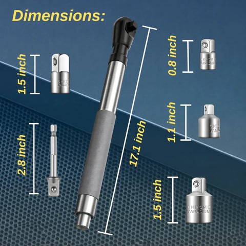 Right Angle Offset Extension Wrench Set For Tight Spots With Socket Adapters For Drills And Impact Wrenches dimensions shown