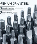 Close-up of 100 bits from All-In-One 115-In-1 Precision Screwdriver Set, made of premium chrome vanadium steel with anti-corrosion features.
