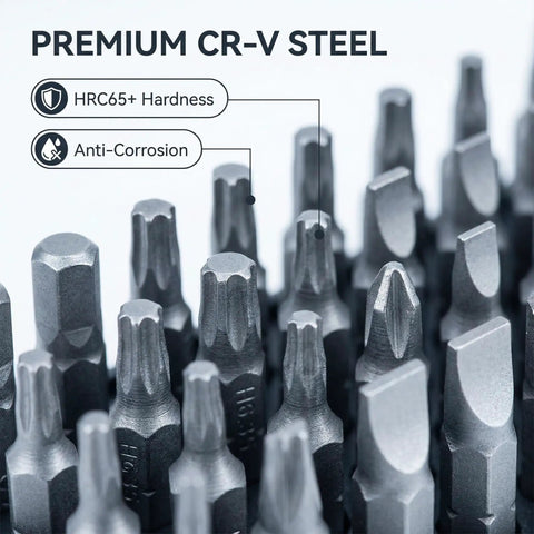 Close-up of 100 bits from All-In-One 115-In-1 Precision Screwdriver Set, made of premium chrome vanadium steel with anti-corrosion features.