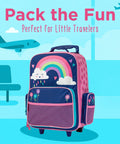Stephen Joseph kids rolling luggage, navy with rainbow and cloud design, pink side panels and front mesh pocket