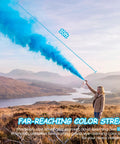 Legit Epic Gender Reveal Extinguisher 2 Pack Shoots Over 10 Feet To Coat Your Crew In Eco Friendly Pink Or Blue Smoke Clouds For The Ultimate Hype Baby Party Decor, showcasing blue smoke stream outdoors.