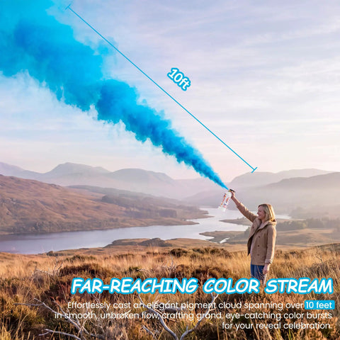Legit Epic Gender Reveal Extinguisher 2 Pack Shoots Over 10 Feet To Coat Your Crew In Eco Friendly Pink Or Blue Smoke Clouds For The Ultimate Hype Baby Party Decor, showcasing blue smoke stream outdoors.
