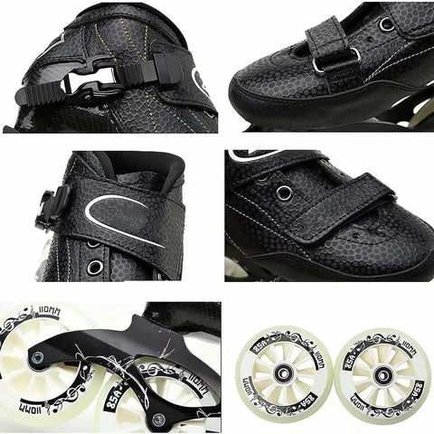 Close-up of Carbon Fiber Inline Speed Skates 3x110mm With ABEC-9 Bearings Lightweight PU Wheels, showing buckle and wheel details.