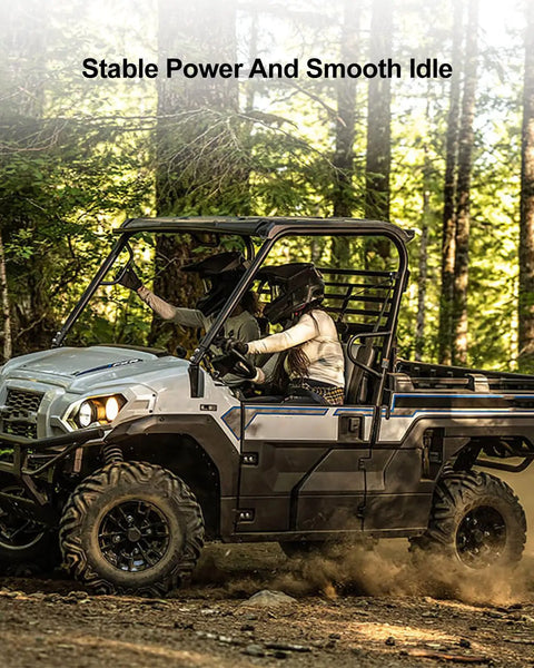 Off-road vehicle driving on a dirt trail in the forest, showcasing Heavy Duty Ignition Module CDI Box Replacement For John Deere Gator HPX 4X2 4X4 And Kawasaki Mule 1000 2500 2510 2520 3000 3010 With Stable Spark Reliable Ignition Timing And Easy Start In Harsh Conditions Replace 21119-2160 ability to provide stable power and smooth idle.