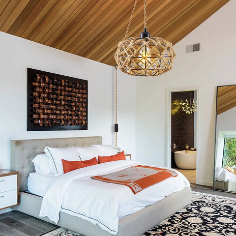 Plug In Pendant Light With On Off Switch Hemp Rope Woven Rattan Hanging Lamp in cozy farmhouse bedroom setting
