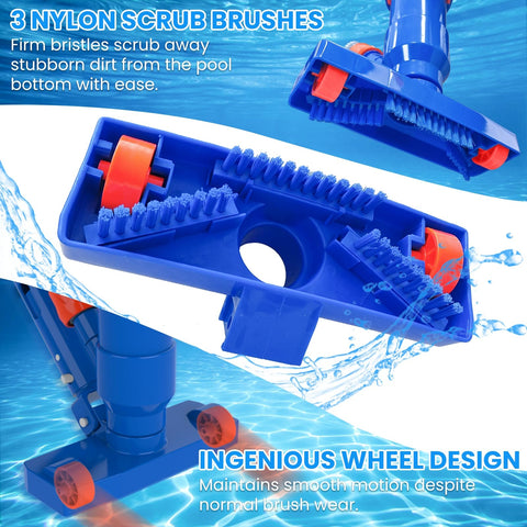 Spa Jet Vacuum Pool Cleaning Kit With 8 Foot Adjustable Pole, Leaf Rake Net And Round Brush For Inflatable And Above Ground Pools, Hook Up To Garden Hose For Serious Suction, No Electricity Needed blue nylon scrub brush with orange wheels